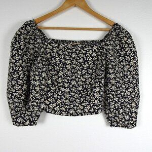 Levi's Floral Cropped Top Women's Size M Black Beige Square Neck Puff Sleeves